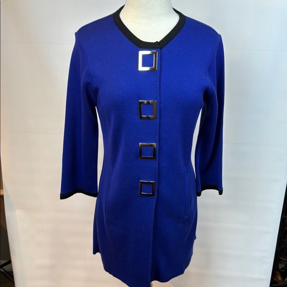 Angel Apparel Royal Blue Sweater Blazer Tunic Top with black trim,  Small